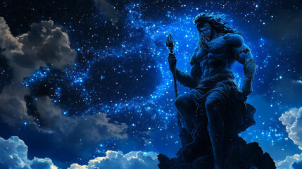 Naklejka premium Poseidon. A grid of blue stars in the night sky. Points of light create the form of Poseidon