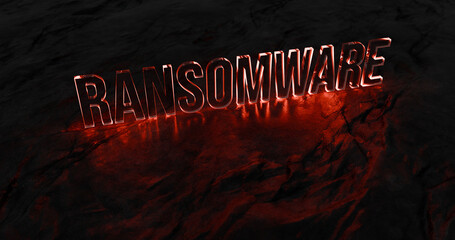 "Ransomware" text 3D render, Abstract Red Burning Glass text of ransomware cyber security and cyber threat concept, Technology, Dramatic effect. Red Alert concept.
