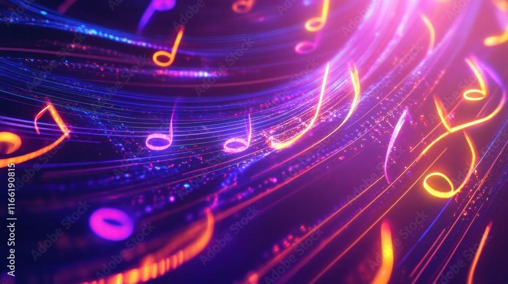 Poster colorful flowing musical staff lines create a vibrant display of neon tones in an abstract setting a