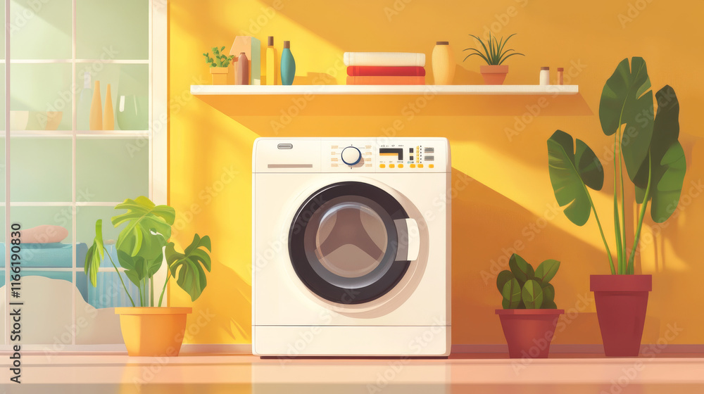Poster washing machine made up of particles. washing machine consists of small circles and dots.