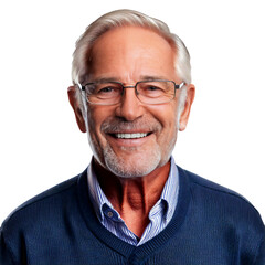 Obraz premium Senior Caucasian man wearing blue sweater and smiling, isolated on white transparent background
