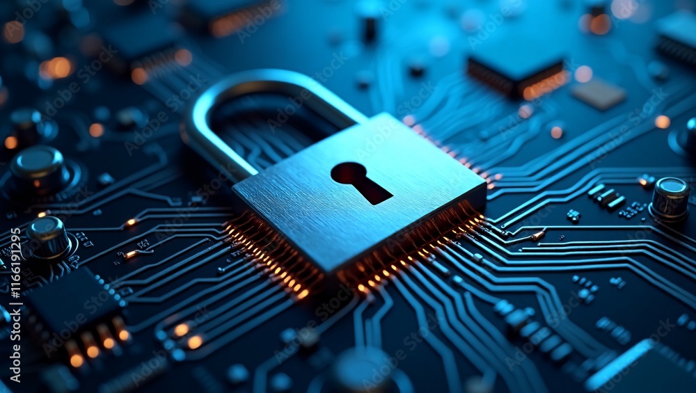 Poster cybersecurity: a silver padlock sits atop a computer circuit board, symbolizing the crucial importan