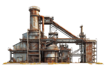 Industrial processing facility showcasing massive rusty structures under clear sky