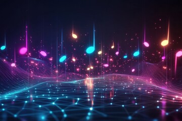 Colorful abstract 3D representation of sound waves and lights in a futuristic setting. Generative AI