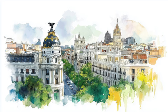 Watercolor illustration of Madrid cityscape with iconic Metropolis building