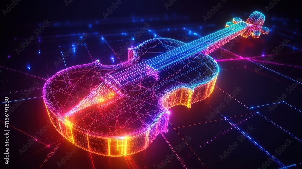 Aufkleber Colorful 3D violin with neon effects on a digital background with geometric patterns and vibrant lights. Generative AI