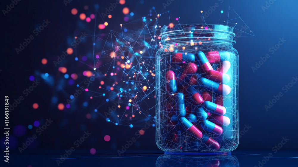 Poster a hologram of a pill. tablets in a jar made of polygons, triangles of dots and lines. the pills are 