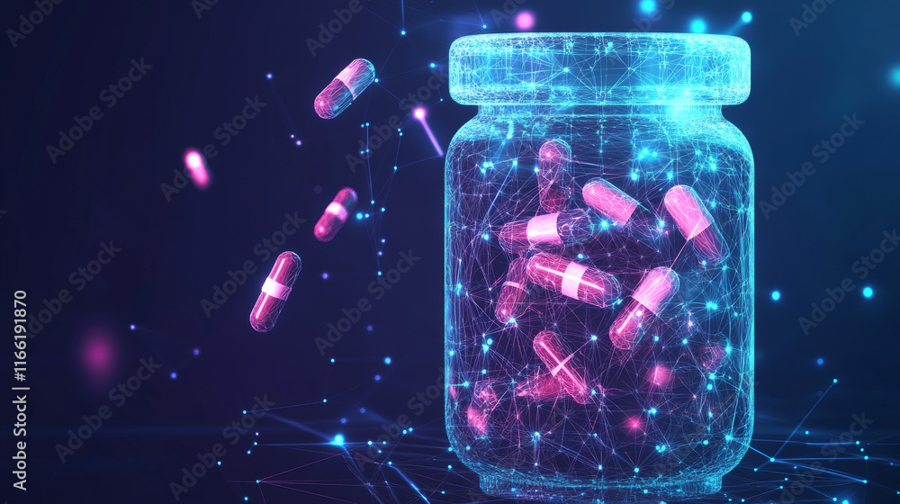 Poster a hologram of a pill. tablets in a jar made of polygons, triangles of dots and lines. the pills are 
