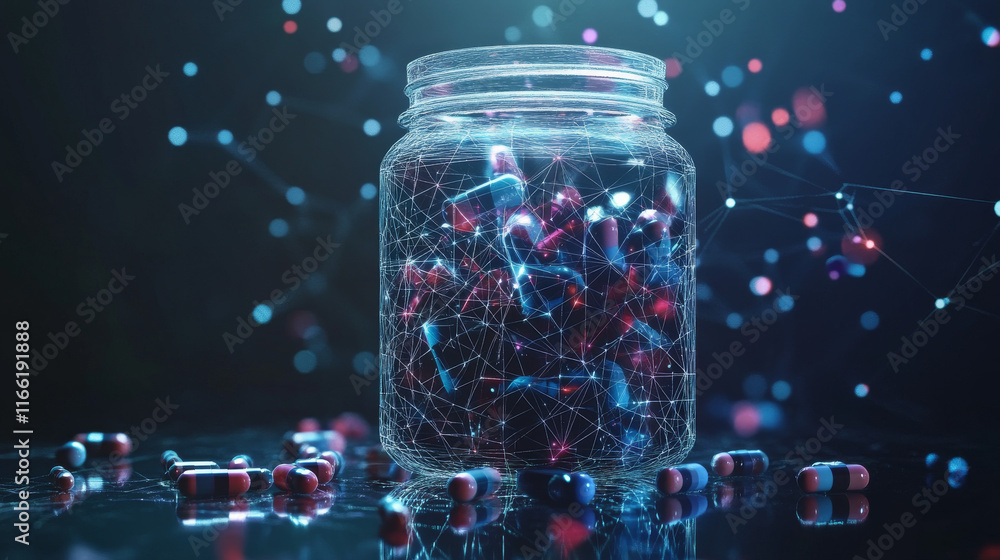 Poster a hologram of a pill. tablets in a jar made of polygons, triangles of dots and lines. the pills are 