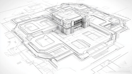 Fototapeta premium Wireframe blueprint drawing of 3D building. Vector architectural template background.
