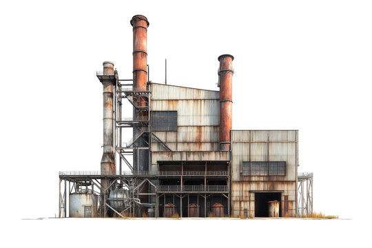 Abandoned industrial building with rusted pipes and weathered exterior in a desolate setting