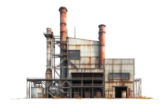 Abandoned industrial building with rusted pipes and weathered exterior in a desolate setting