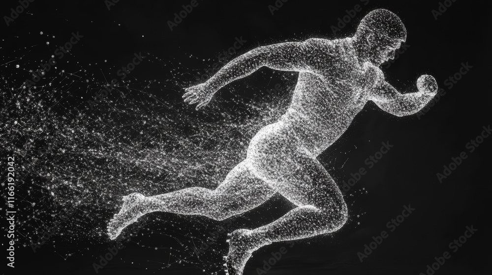 Poster silhouette of a football player from the particles. the player consists of small circles