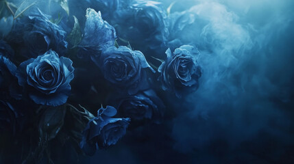 Romantic bouquet of blue roses in hazy mist