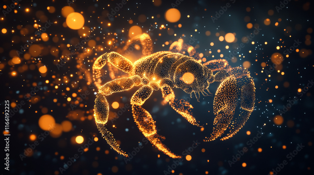 Poster scorpio of the particles. scorpio consists of circles and points. vector illustration
