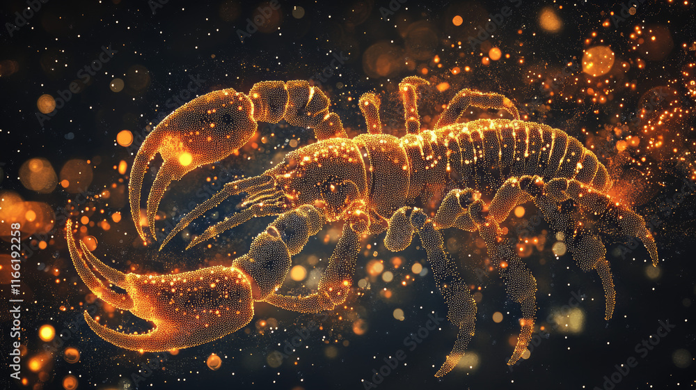 Poster scorpio of the particles. scorpio consists of circles and points. vector illustration