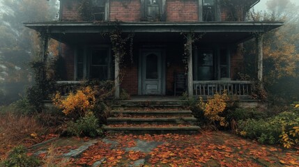 Old abandoned house with overgrown porch, fall leaves. Foggy autumn day. Wooden door, porch steps covered with autumn leaves. Rustic brick house exterior. Nature overgrown yard around house. Creepy,