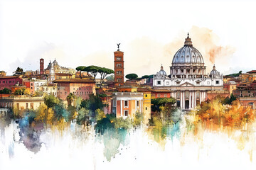 Fototapeta premium Watercolor illustration of Rome skyline with St. Peter's Basilica