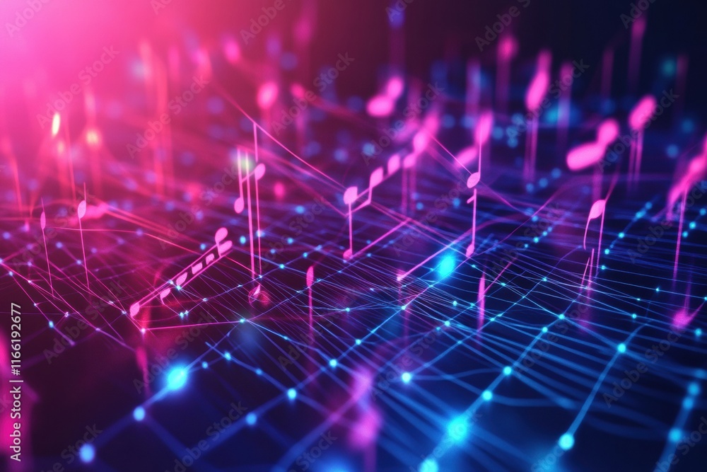 Poster Dynamic 3D visualization of abstract digital elements in vibrant colors representing technology and data analysis. Generative AI