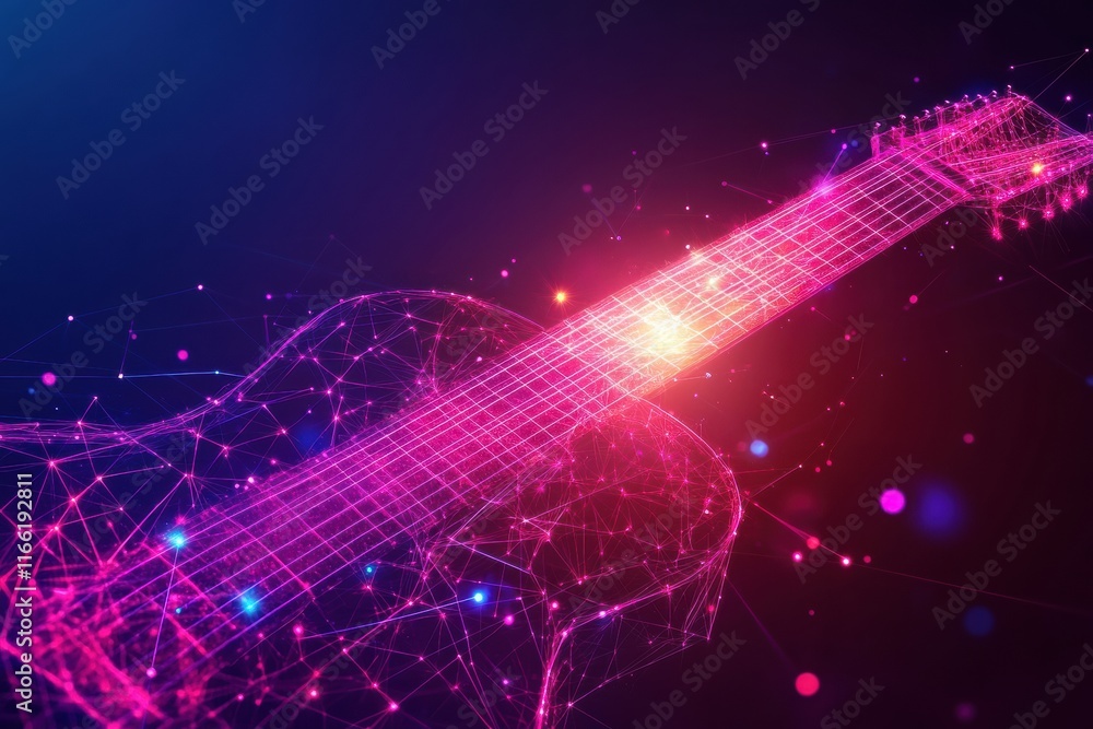 Leinwandbilder Digital representation of a vibrant electric guitar in a futuristic setting with glowing lines and nodes. Generative AI
