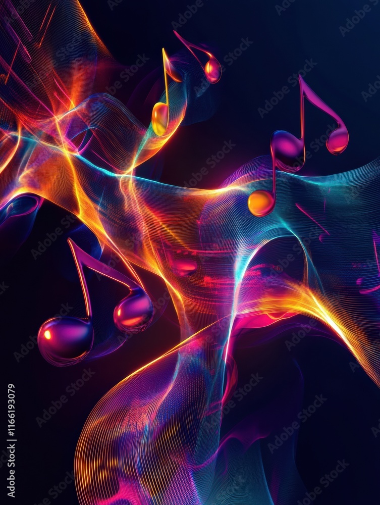 Poster flowing musical staff lines illuminated by glowing neon tones create a vibrant and dynamic visual ex