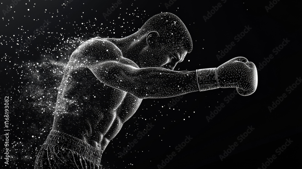 Poster boxer which consists of points. particles in the form of a boxer on a dark background. vector illust