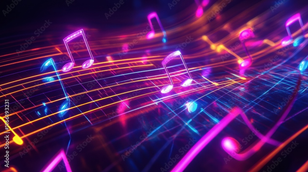 Aufkleber flowing musical staff lines in vibrant neon colors create a mesmerizing visual symphony at night. ge
