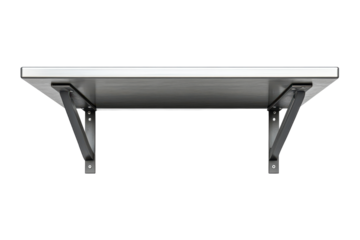 Metal support brackets hold up a modern glass shelf in a contemporary interior design setup