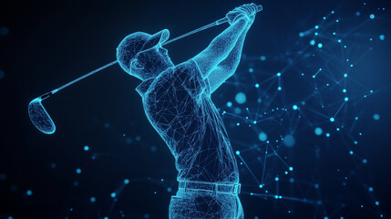 A hologram of Golf. Golfer of polygons, triangles of points and lines. Golf is a low poly connection structure. Technology concept.