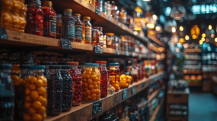 Fototapeta premium Grocery store aisle with colorful jars and packaging