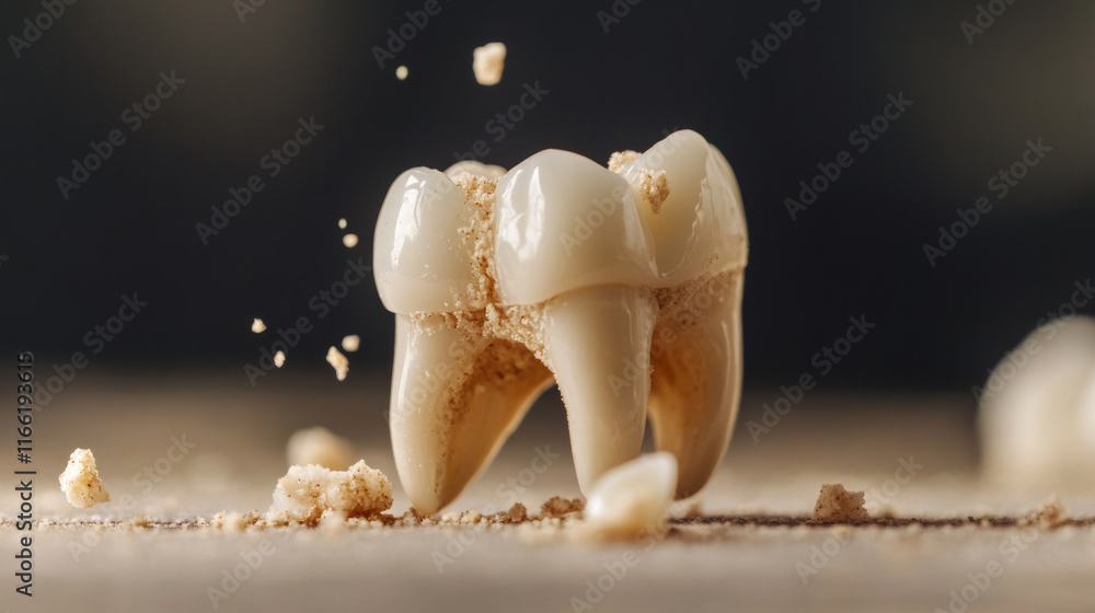Poster the tooth of the particles. the tooth crumbles into small circles and dots