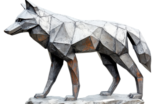 Sculpture of a geometric wolf in silver and gray tones located in an outdoor art space