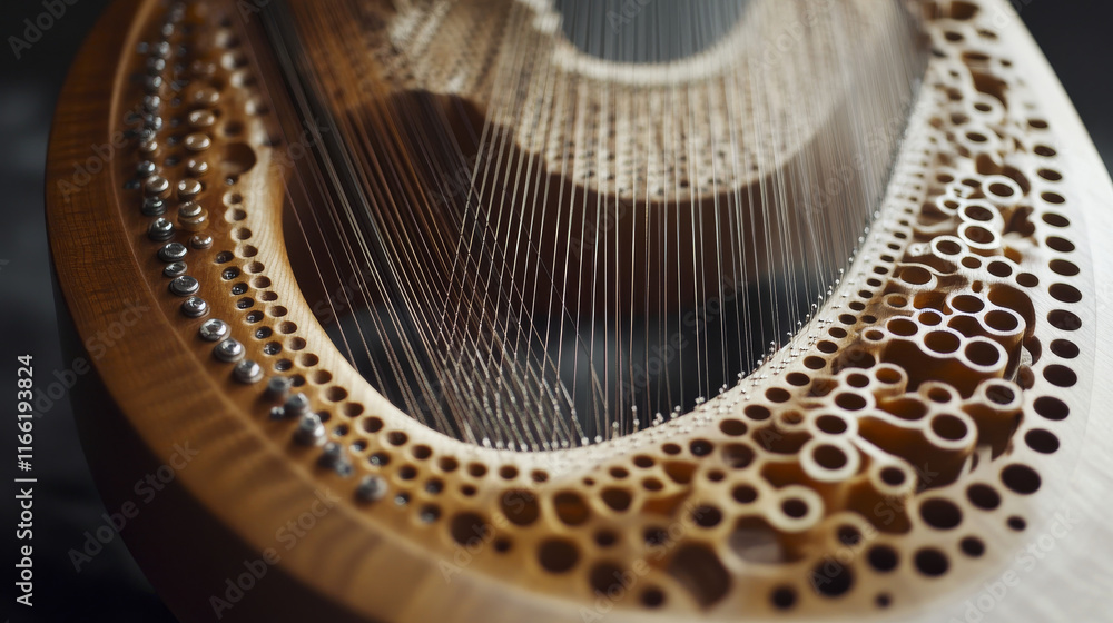 Poster harp of the particles. harp consists of circles and points. vector illustration.