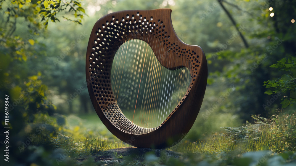 Poster harp of the particles. harp consists of circles and points. vector illustration.