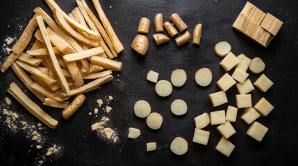 French fries particles on a dark background. French fries of the circles and points