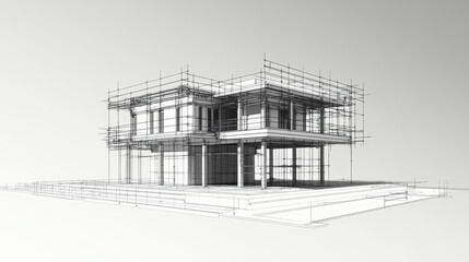 Abstract 3D render of building wireframe structure. Vector construction graphic idea.