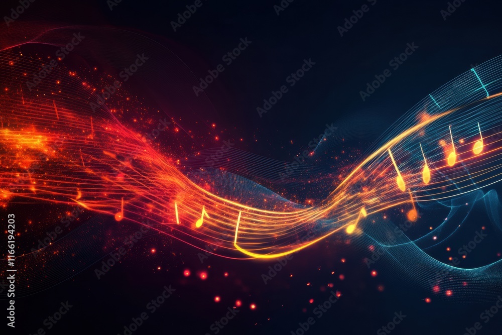 Aufkleber flowing musical staff lines with glowing neon tones creating a vibrant atmosphere in a dark backgrou