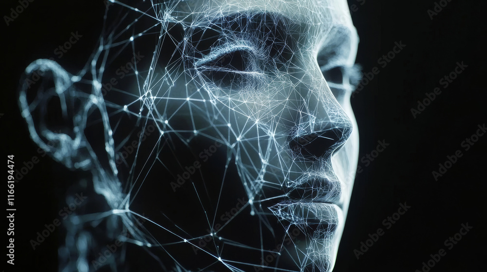 Poster hologram ai. ai made of polygons, triangles, dots, and lines. low-poly ai structure of connections. 