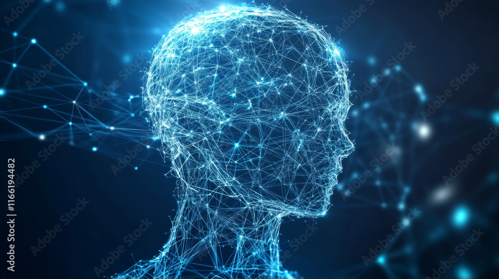 Poster hologram ai. ai made of polygons, triangles, dots, and lines. low-poly ai structure of connections. 