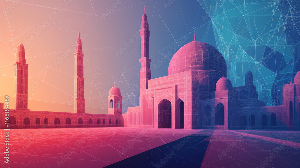 Poster a hologram of a mosque. a muslim mosque made of polygons, triangles of dots and lines. mosque is a l