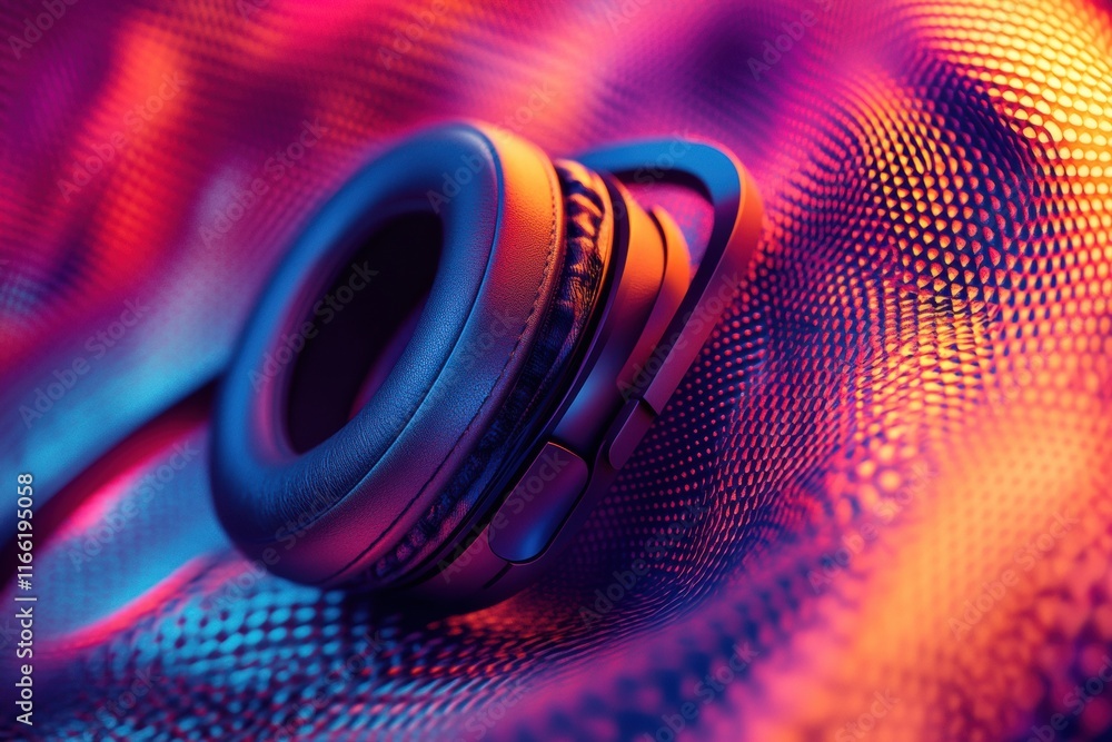 Poster Close up view of vibrant 3D headphones showcasing intricate details and textures against colorful background. Generative AI