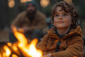 Child enjoys evening by the campfire with adult in the background under soft glow of autumn twilight