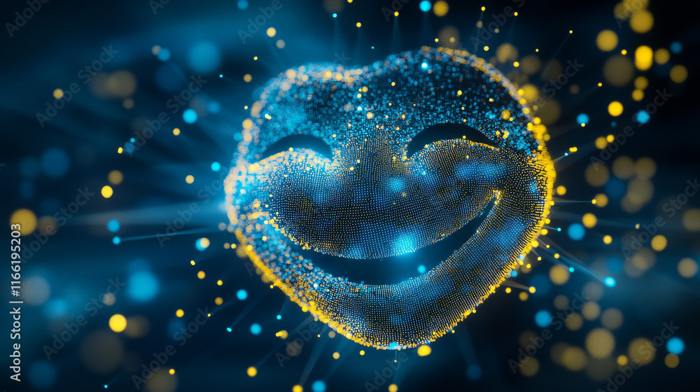 Poster hologram emoticons. a smiley face made of polygons, triangles of dots and lines. smile is a low-poly
