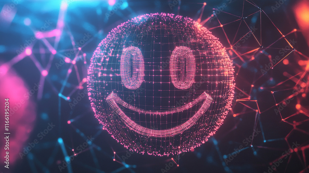 Poster hologram emoticons. a smiley face made of polygons, triangles of dots and lines. smile is a low-poly