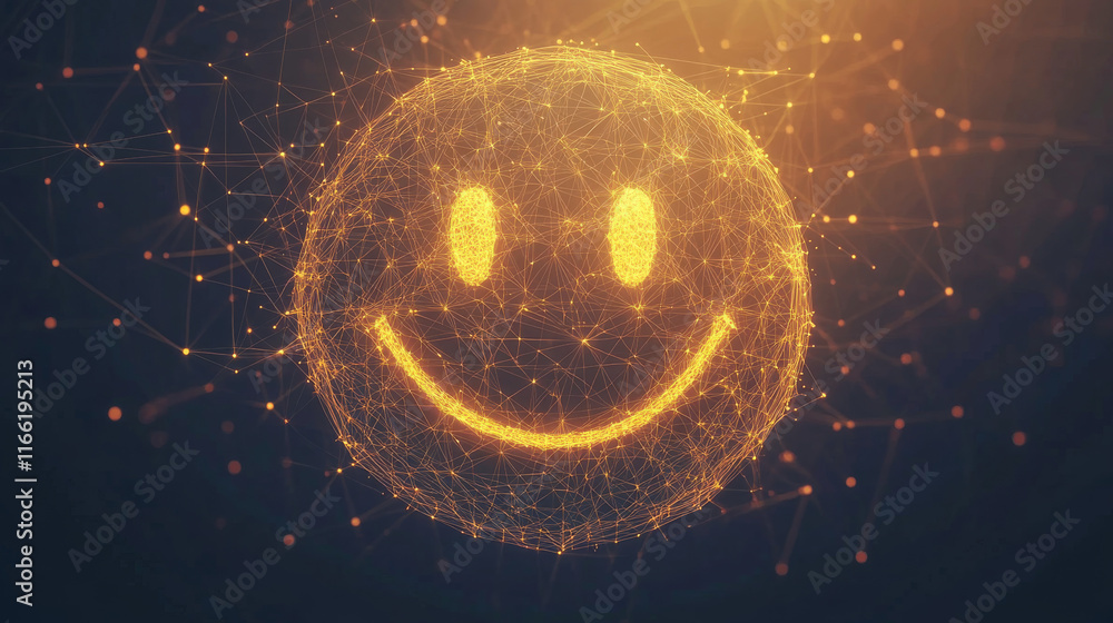 Poster hologram emoticons. a smiley face made of polygons, triangles of dots and lines. smile is a low-poly