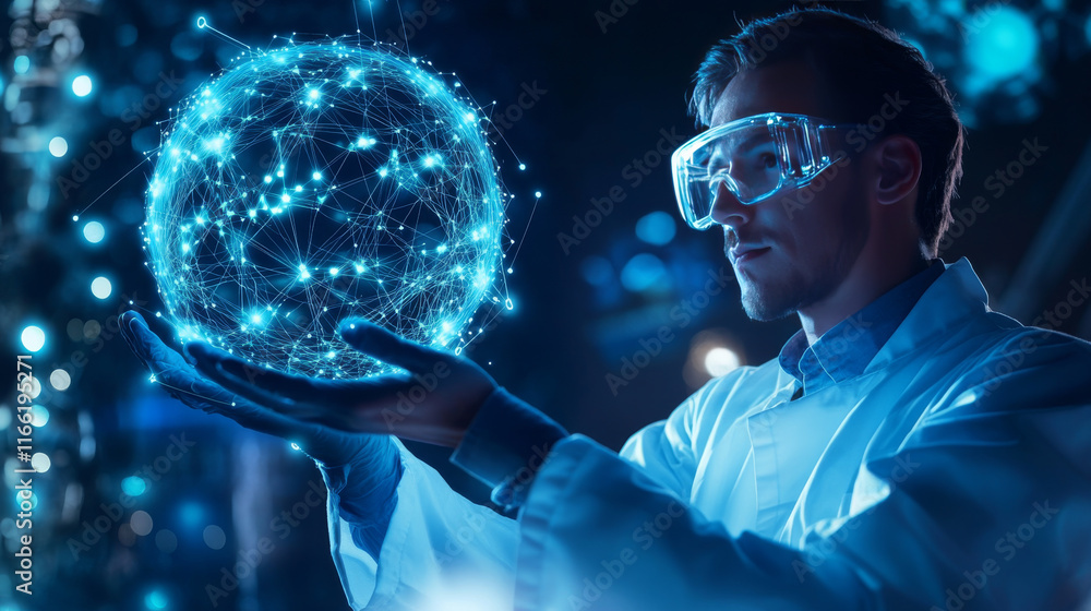 Poster a hologram of a physicist. a ball with orbits of polygons, triangles of points and lines. physics of