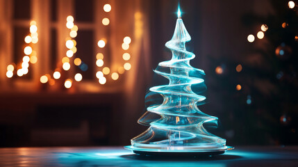 Hologram Christmas tree. Holographic projection Christmas tree. Flickering energy flux of particles. Scientific Christmas design.