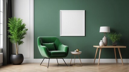 Green Living Room Interior Mockup: A stylish green living room interior with a plush velvet armchair, a side table, and a large frame mockup.