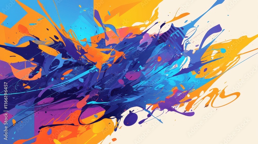 Poster abstract digital artwork featuring vibrant splashes of color and dynamic shapes.