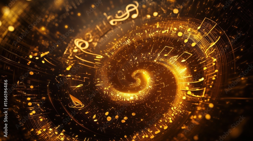 Poster Cascading 3D music notes swirl in golden light creating a mesmerizing visual rhythm of sound and movement. Generative AI